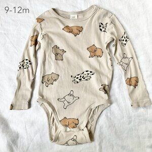 🪴5/$30 H&M 9-12 Months Baby Tan Bear Cartoon Long Sleeve Bodysuit Spring